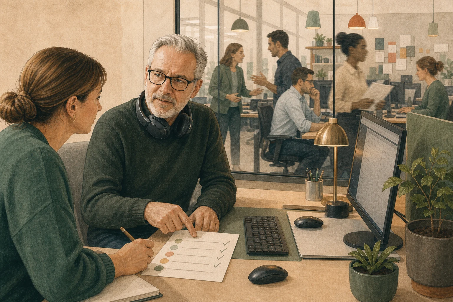 Ein älterer technischer Spezialist bespricht an einem ruhigeren Arbeitsplatz klare Prioritäten und hilfreiche Arbeitsbedingungen mit einer Beraterin; im Hintergrund bleibt das unruhigere Großraumbüro sichtbar.