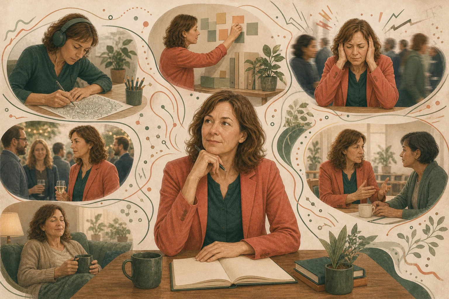 Eine Frau ordnet in der Bildmitte Beobachtungen zu Konzentration, Organisation, Reizbelastung, sozialen Situationen, Erholung und einem klärenden Gespräch.