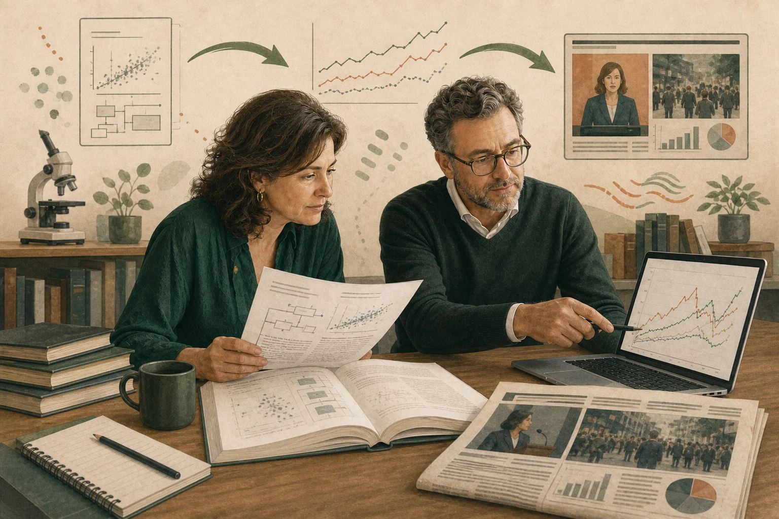 Zwei Forschende vergleichen eine Originalstudie, Daten einer Langzeituntersuchung und die öffentliche Berichterstattung darüber.