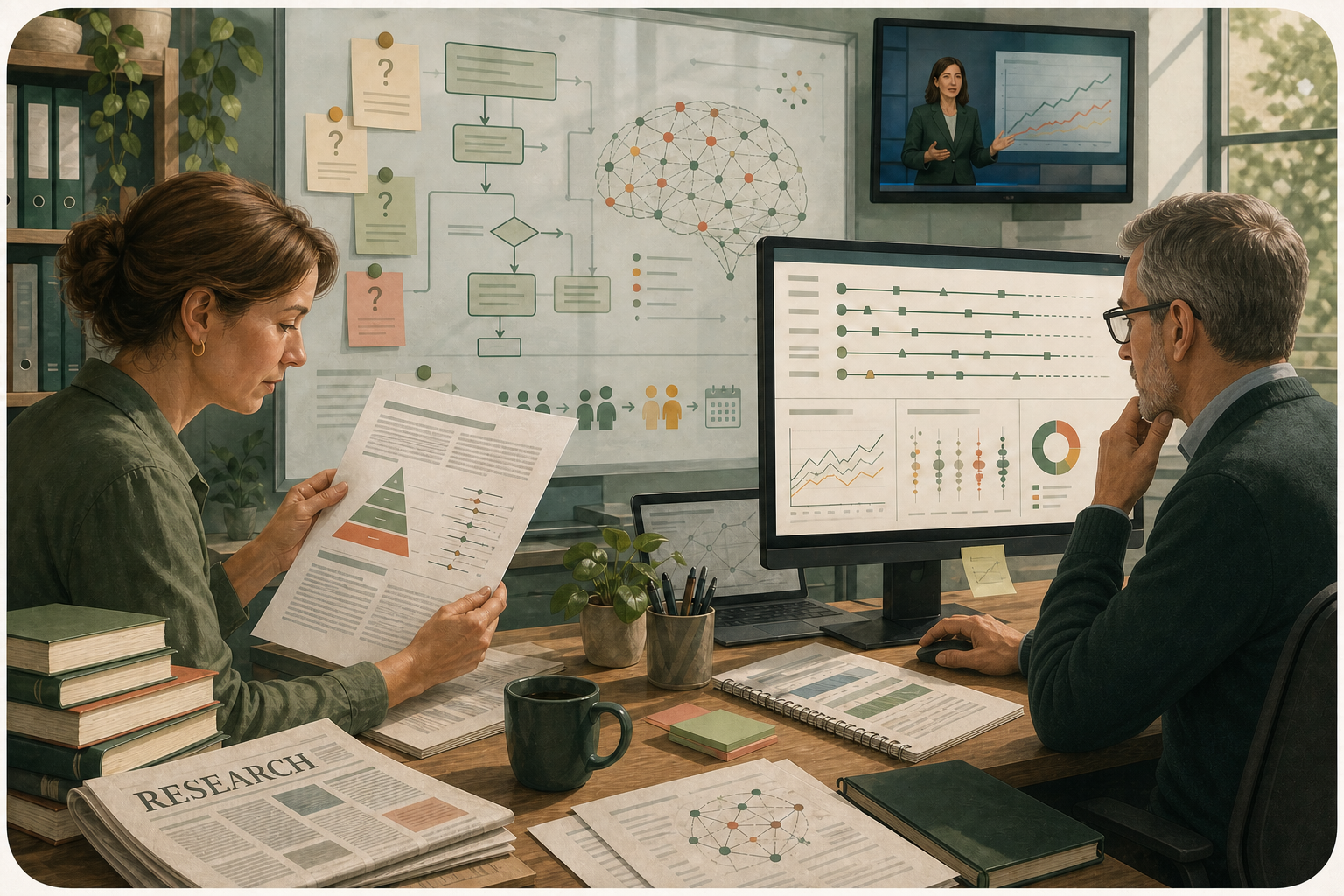 Zwei Forschende prüfen eine Übersichtsarbeit und Daten aus einer Langzeitstudie; im Hintergrund sind Studiendiagramme und ein wissenschaftlicher Nachrichtenbeitrag zu sehen.