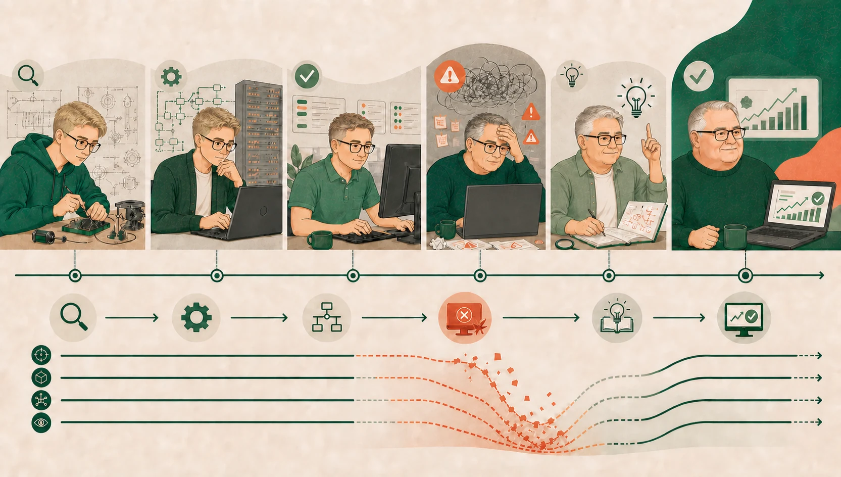 Eine Lebenslinie zeigt einen technisch interessierten Mann vom jungen Tüftler über die Arbeit als Spezialist, Erschöpfung und spätes Verstehen bis zu neuer Orientierung und eigenen Lösungen.