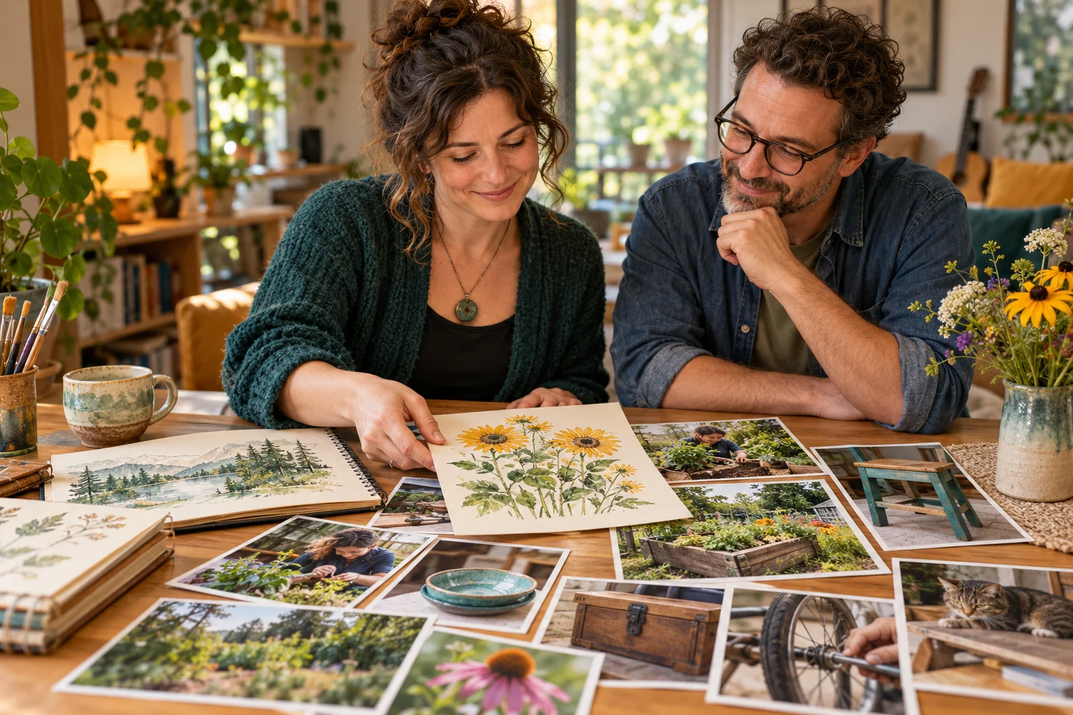 Zwei Menschen betrachten eigene Projekte, Fotos und Werkstücke und sprechen über die Fähigkeiten, die darin stecken.