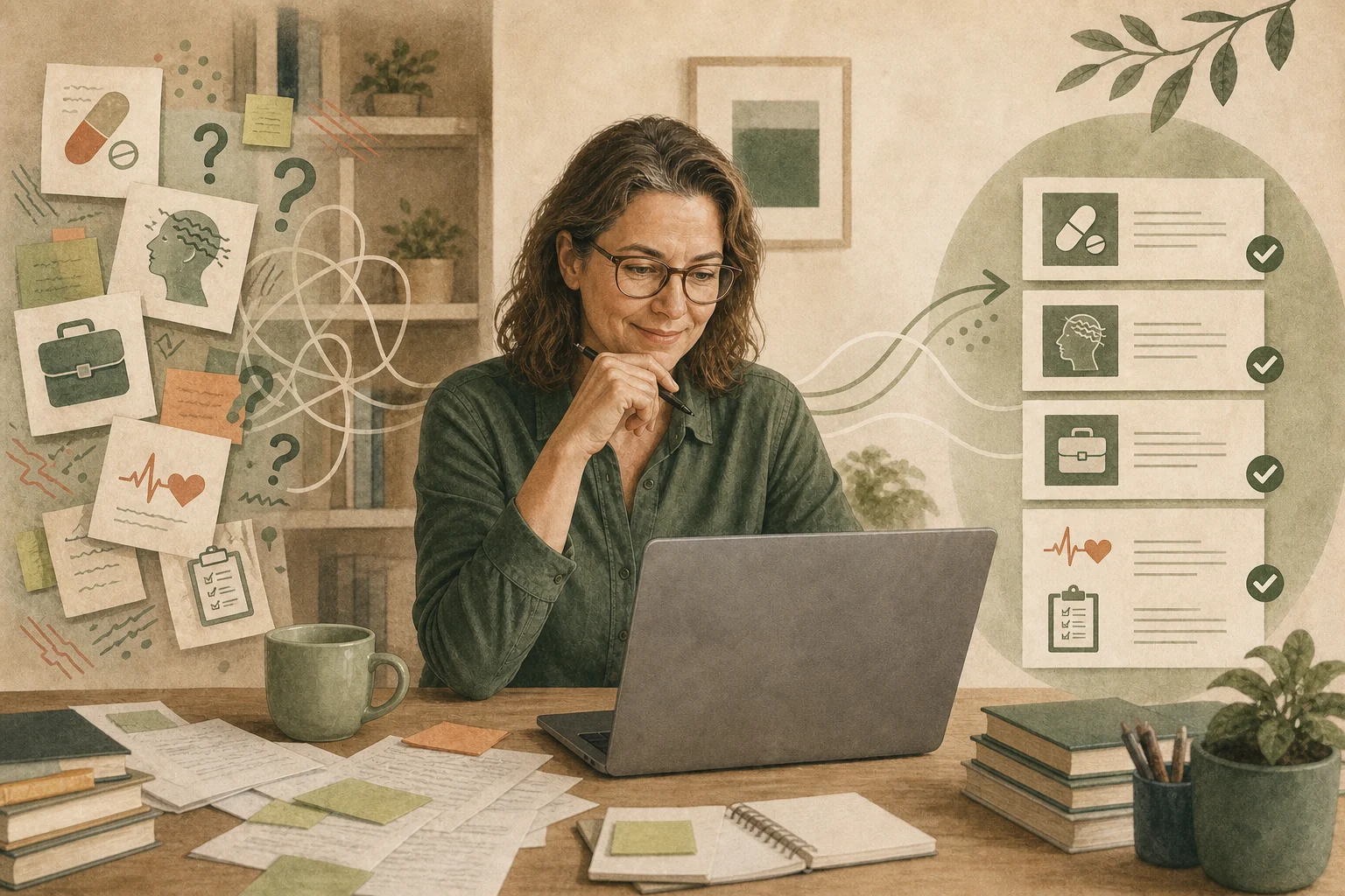Eine Frau ordnet verstreute Fragen am Computer zu übersichtlichen, passenden Themen