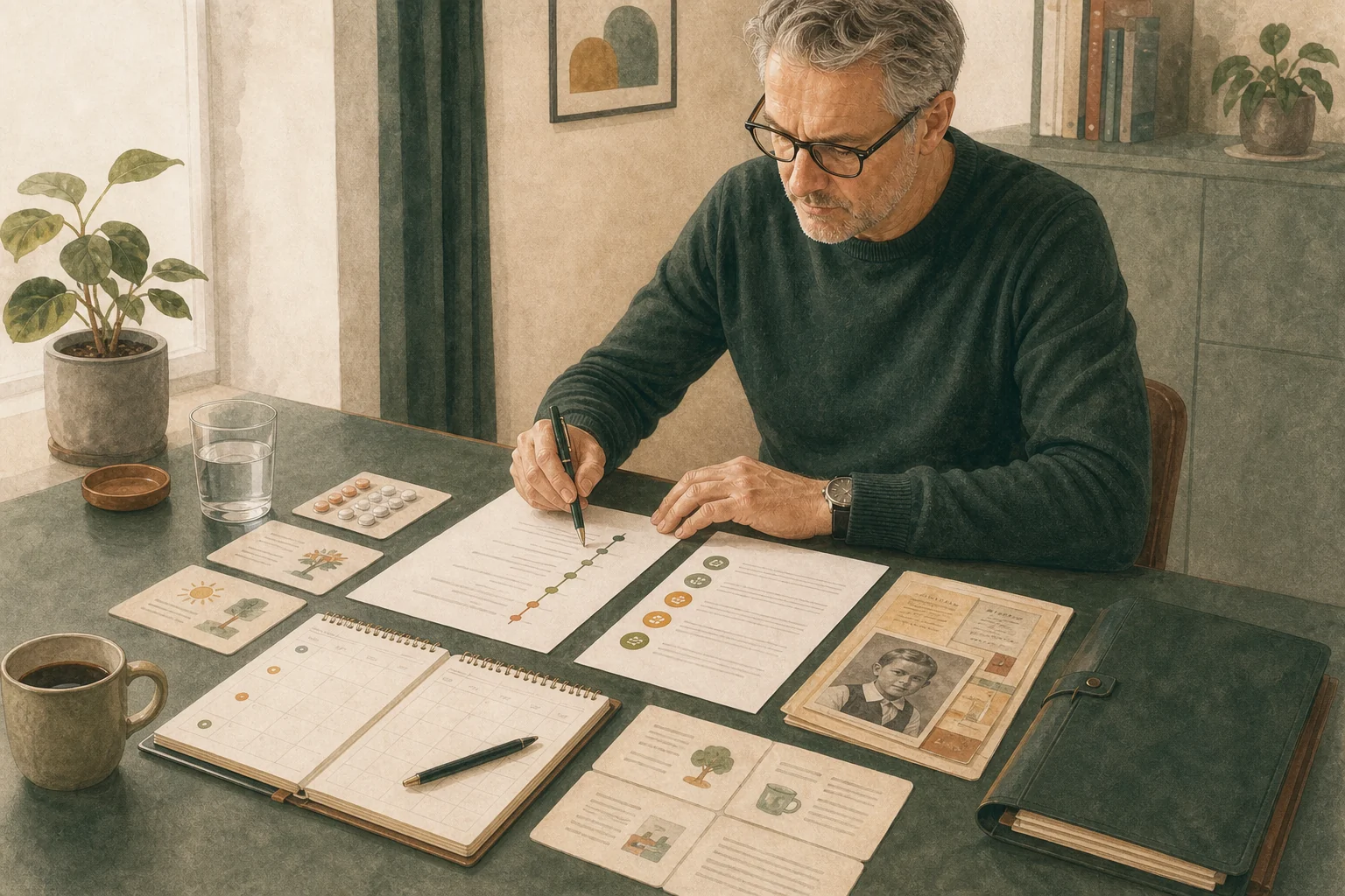 Ein älterer Mann bereitet mit Lebenslinie, konkreten Alltagsbeispielen, Kalender, Medikationsübersicht und Kindheitsunterlagen einen Fachtermin vor.