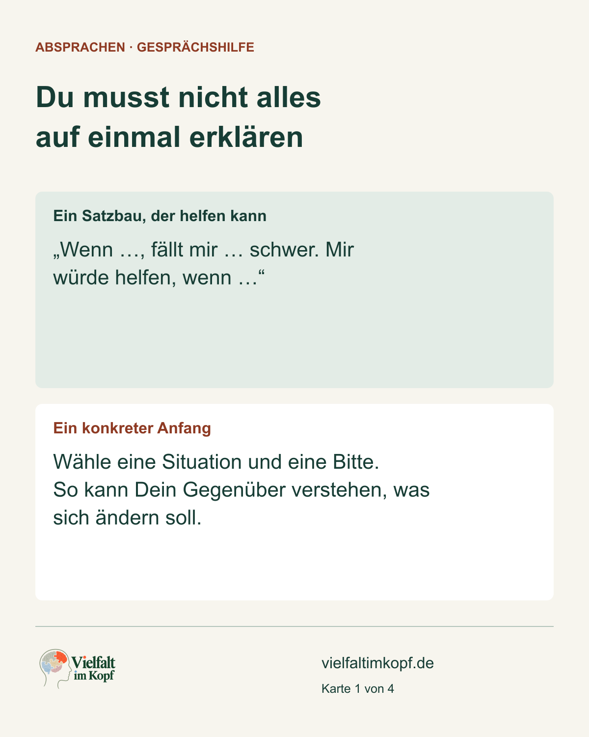 Du musst nicht alles auf einmal erklären. Ein Satzbau, der helfen kann. „Wenn …, fällt mir … schwer. Mir würde helfen, wenn …“. Ein konkreter Anfang. Wähle eine Situation und eine Bitte. So kann Dein Gegenüber verstehen, was sich ändern soll.