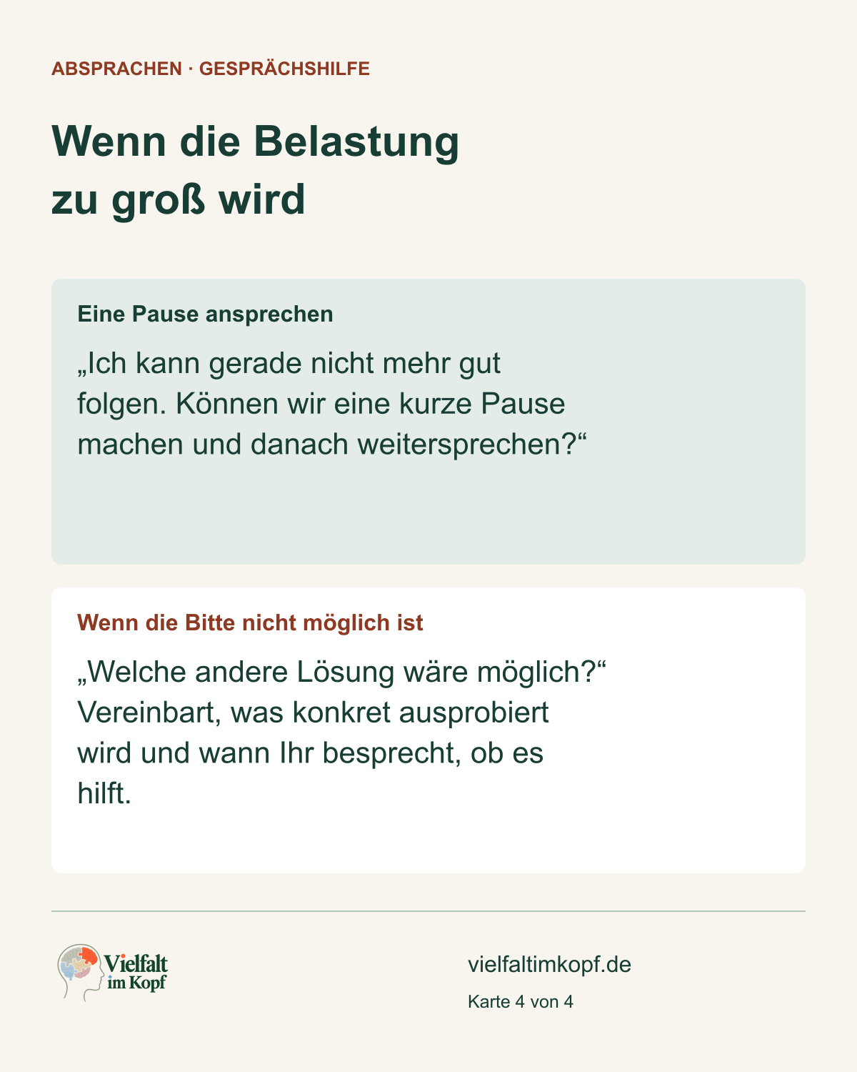 Wenn die Belastung zu groß wird. Eine Pause ansprechen. „Ich kann gerade nicht mehr gut folgen. Können wir eine kurze Pause machen und danach weitersprechen?“. Wenn die Bitte nicht möglich ist. „Welche andere Lösung wäre möglich?“ Vereinbart, was konkret ausprobiert wird und wann Ihr besprecht, ob es hilft.