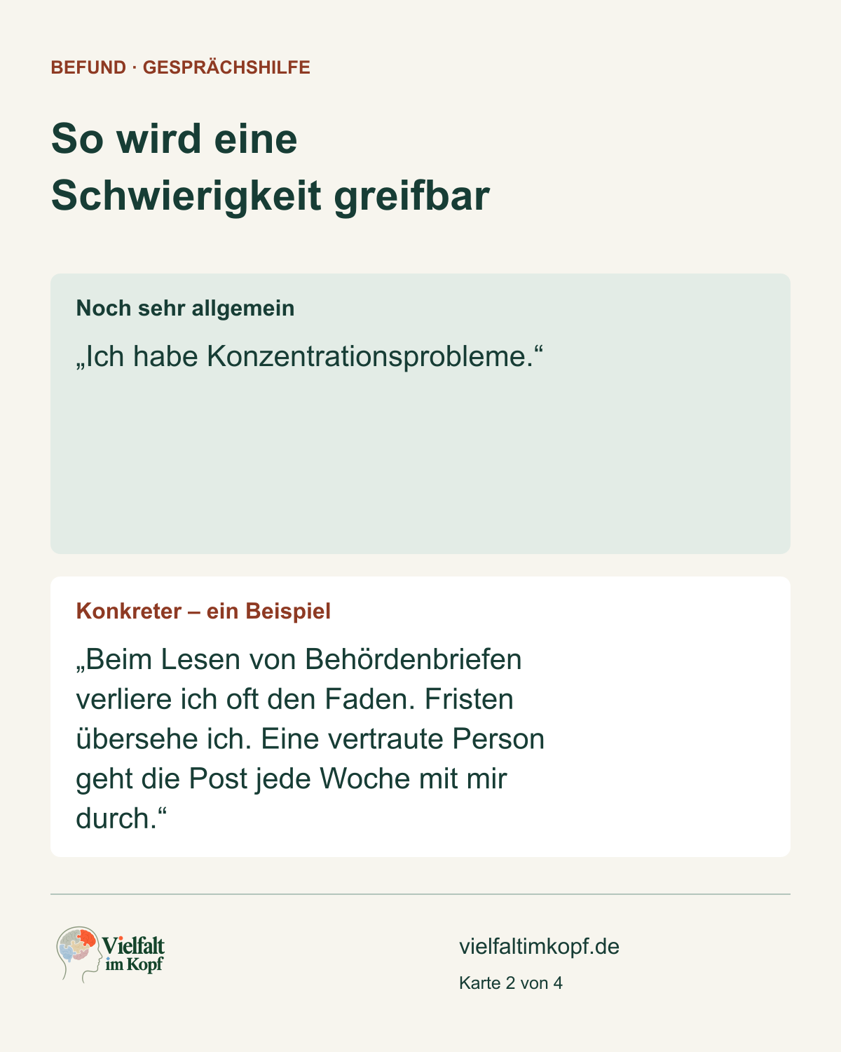 So wird eine Schwierigkeit greifbar. Noch sehr allgemein. „Ich habe Konzentrationsprobleme.“. Konkreter – ein Beispiel. „Beim Lesen von Behördenbriefen verliere ich oft den Faden. Fristen übersehe ich. Eine vertraute Person geht die Post jede Woche mit mir durch.“